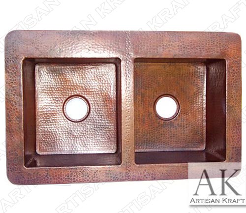 Terra Double Well Farmhouse Hammered Copper Sink